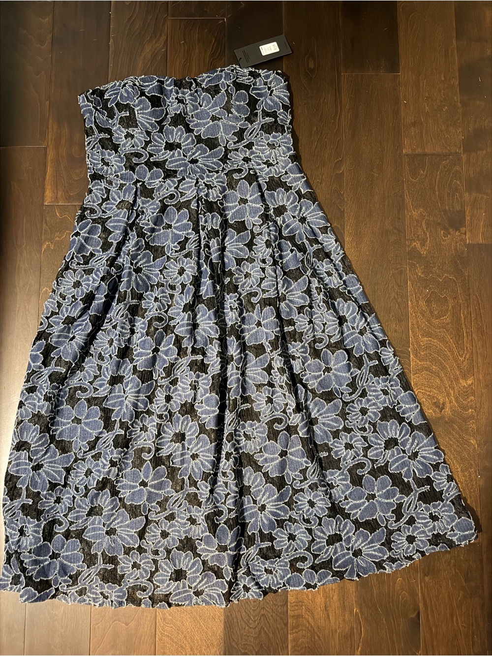 NWT-Fashion Nova Strapless Black Dress with Blue (denim) Floral Lace Overlay